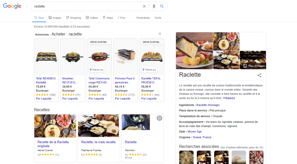 Capture d'écran des résultats Google pour "raclette"